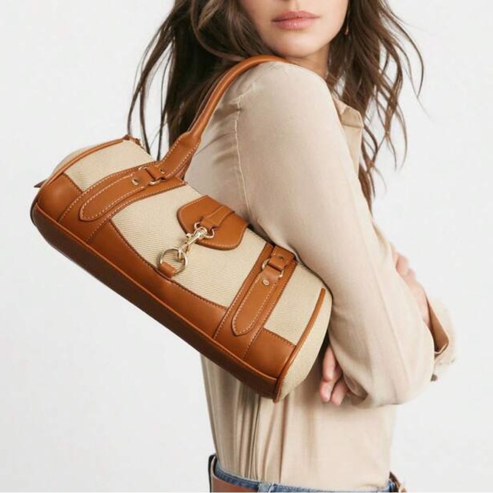 Canvas and Tan eco Leather Top-Handle Shoulder Bag